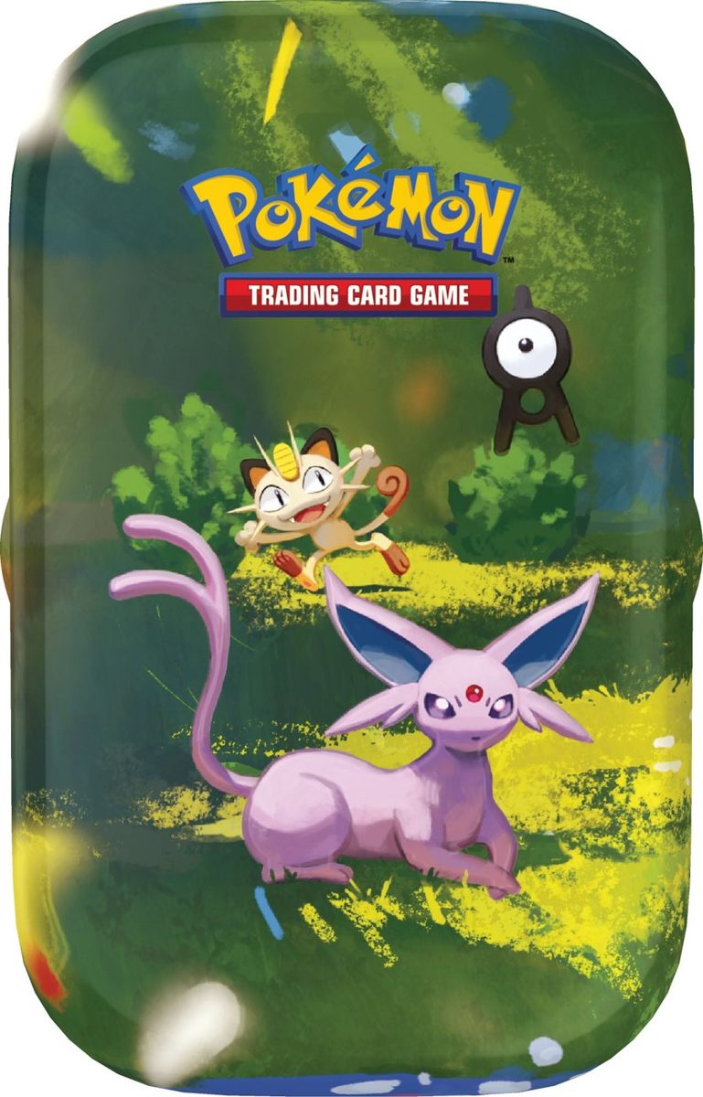 30th Celebration Mini Tin — Espeon & Meowth sealed English Pokémon TCG product photographed on a plain background