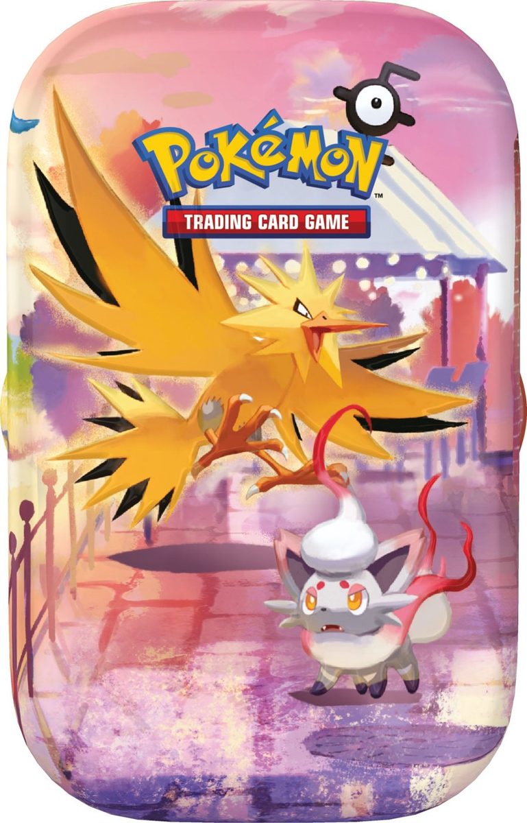 30th Celebration Mini Tin — Zapdos & Hisuian Zorua sealed English Pokémon TCG product photographed on a plain background