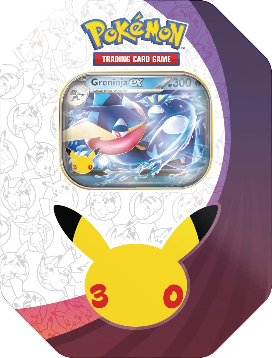 30th Celebration Pokémon ex Tin — Greninja ex sealed English Pokémon TCG product photographed on a plain background