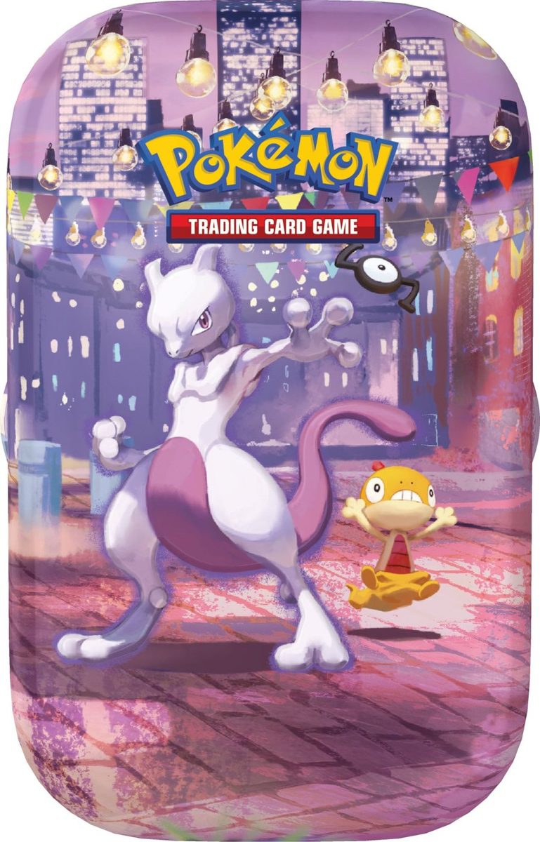 30th Celebration Mini Tin — Mewtwo & Scraggy sealed English Pokémon TCG product photographed on a plain background
