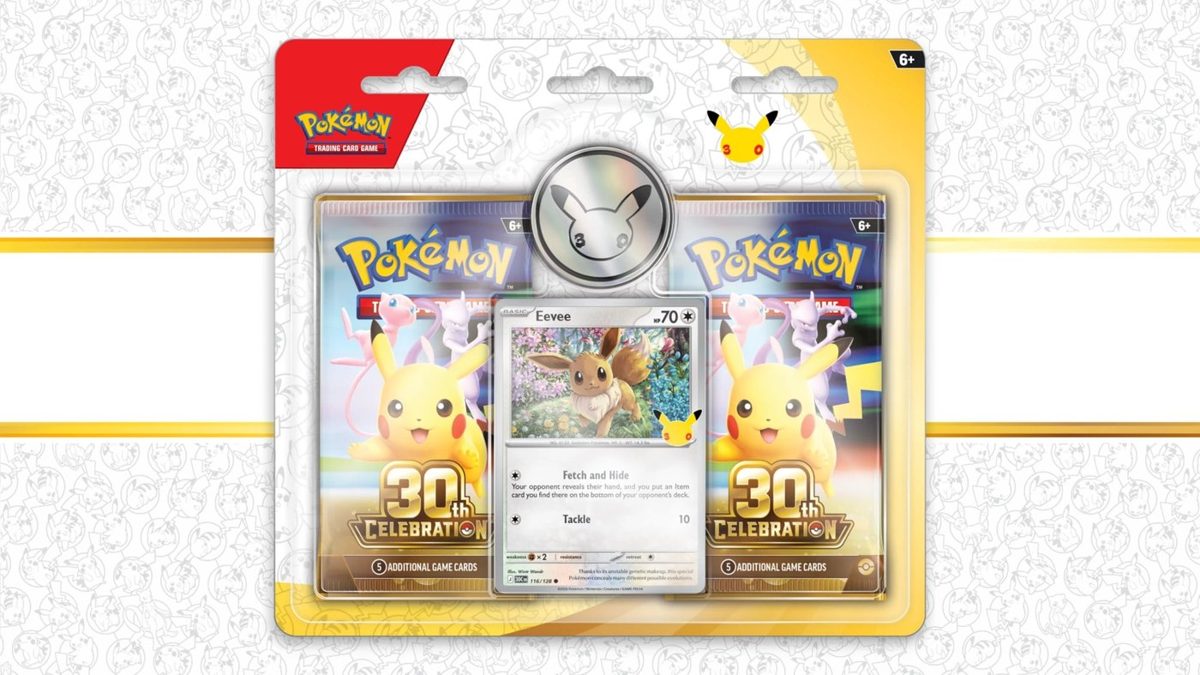 30th Celebration 2-Pack Blister — Eevee sealed English Pokémon TCG product photographed on a plain background