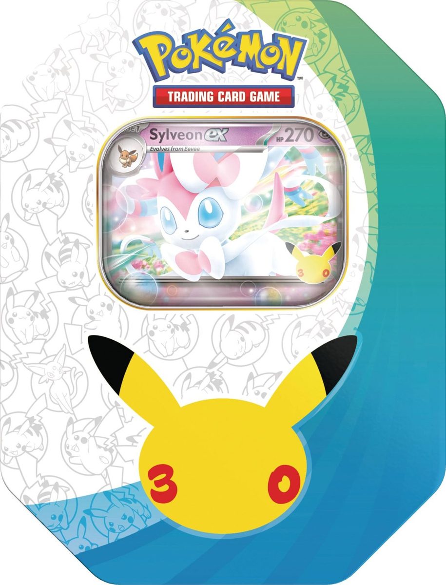 30th Celebration Pokémon ex Tin — Sylveon ex sealed English Pokémon TCG product photographed on a plain background
