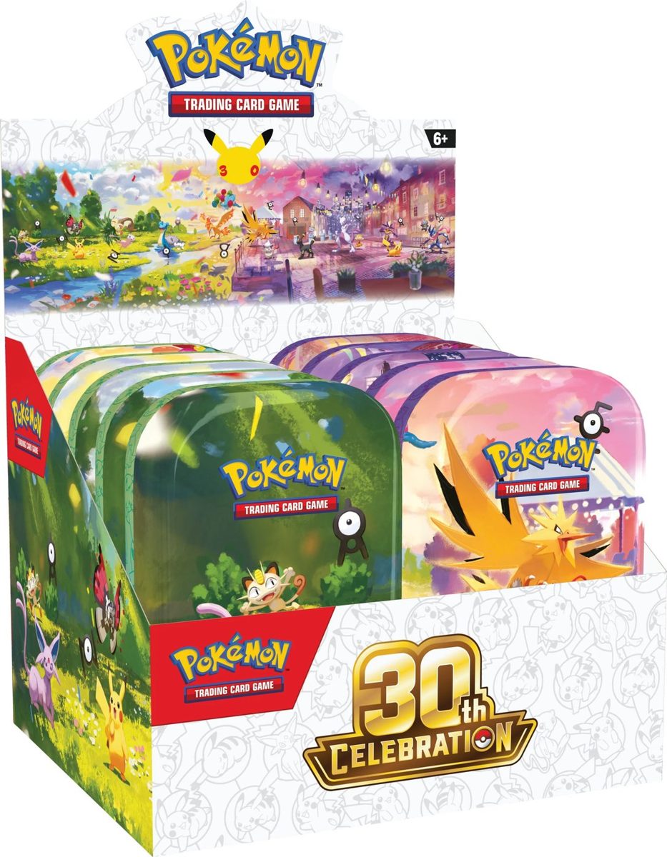 30th Celebration Complete Mini Tin Display (10 Tins) sealed English Pokémon TCG product photographed on a plain background